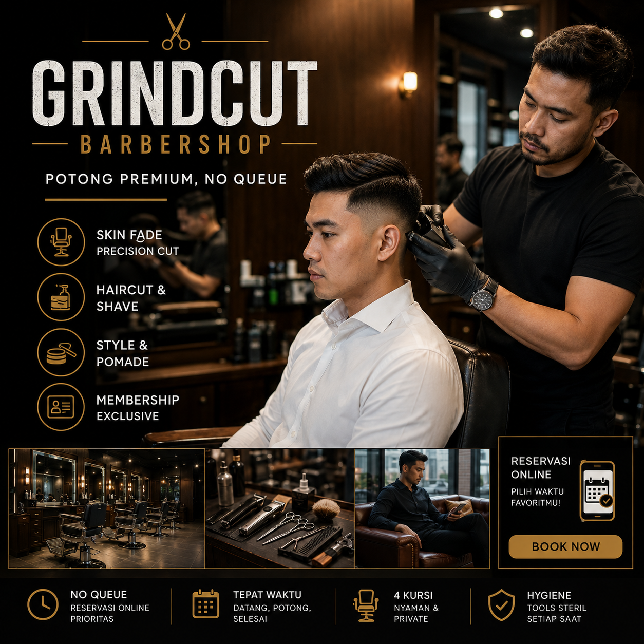 Premium barbershop interior, dark wood and chrome, dramatic lighting, skilled barber doing skin fade, professional male client, Jakarta urban premium aesthetic, moody photography
