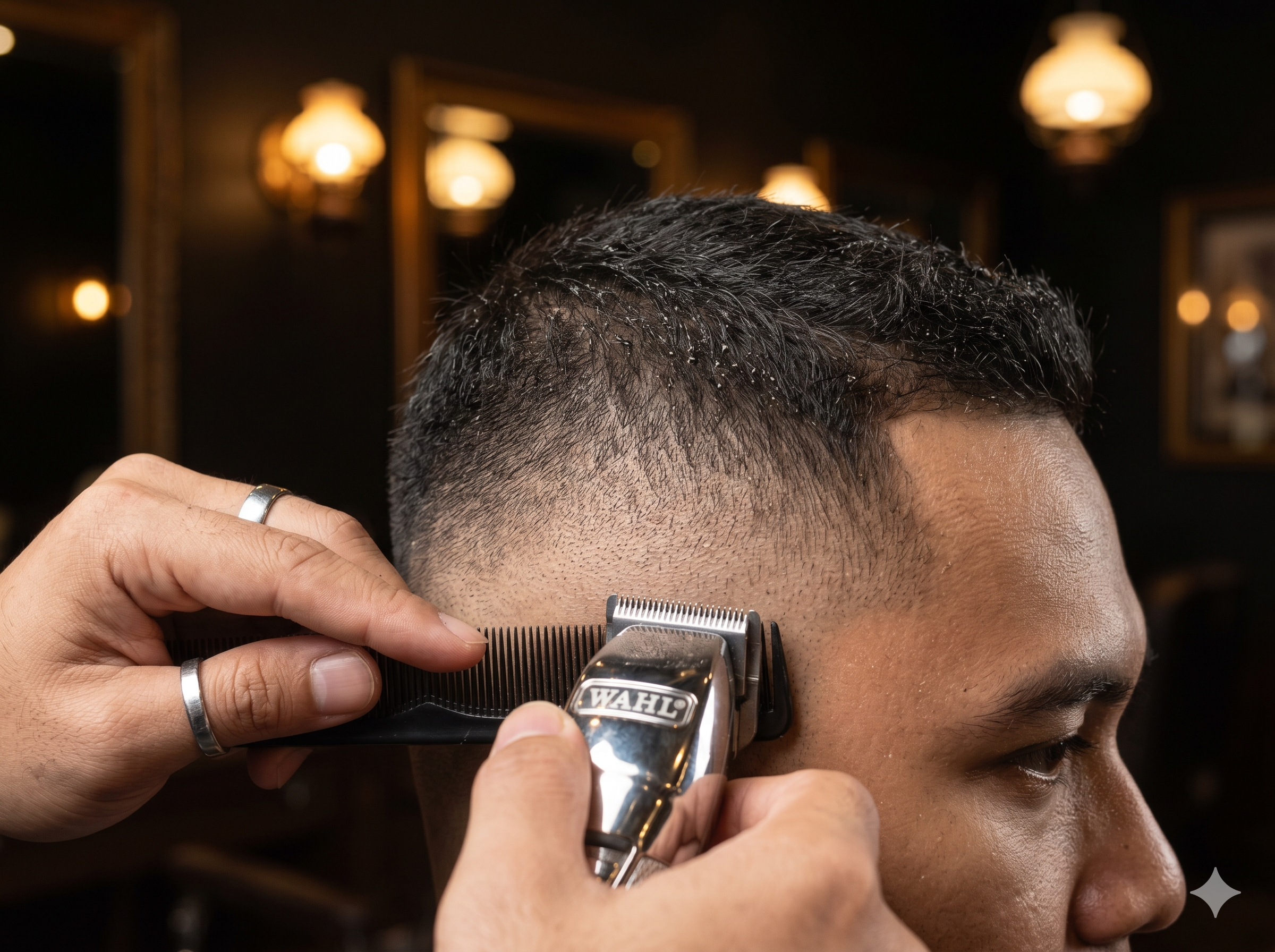Perfect skin fade haircut close-up detail, barbershop tools chrome, masculine brand aesthetic, sharp and clean, professional grooming photography
