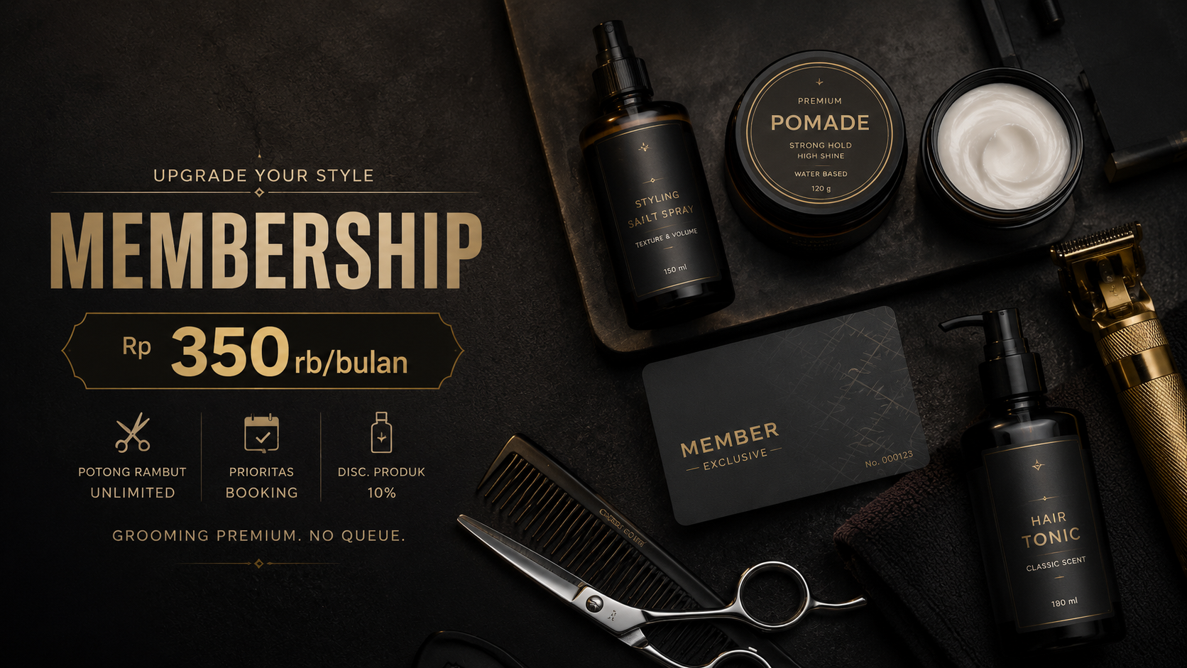 Barbershop membership card and grooming products flat lay, premium brand packaging, Suavecito pomade, dark background with gold accents, luxury product photography