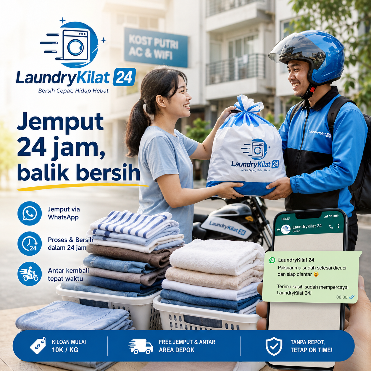Laundry service pickup and delivery, clean and fresh clothes neatly folded, blue and white color scheme, WhatsApp notification on phone mockup, modern Indonesian student lifestyle, professional product photography