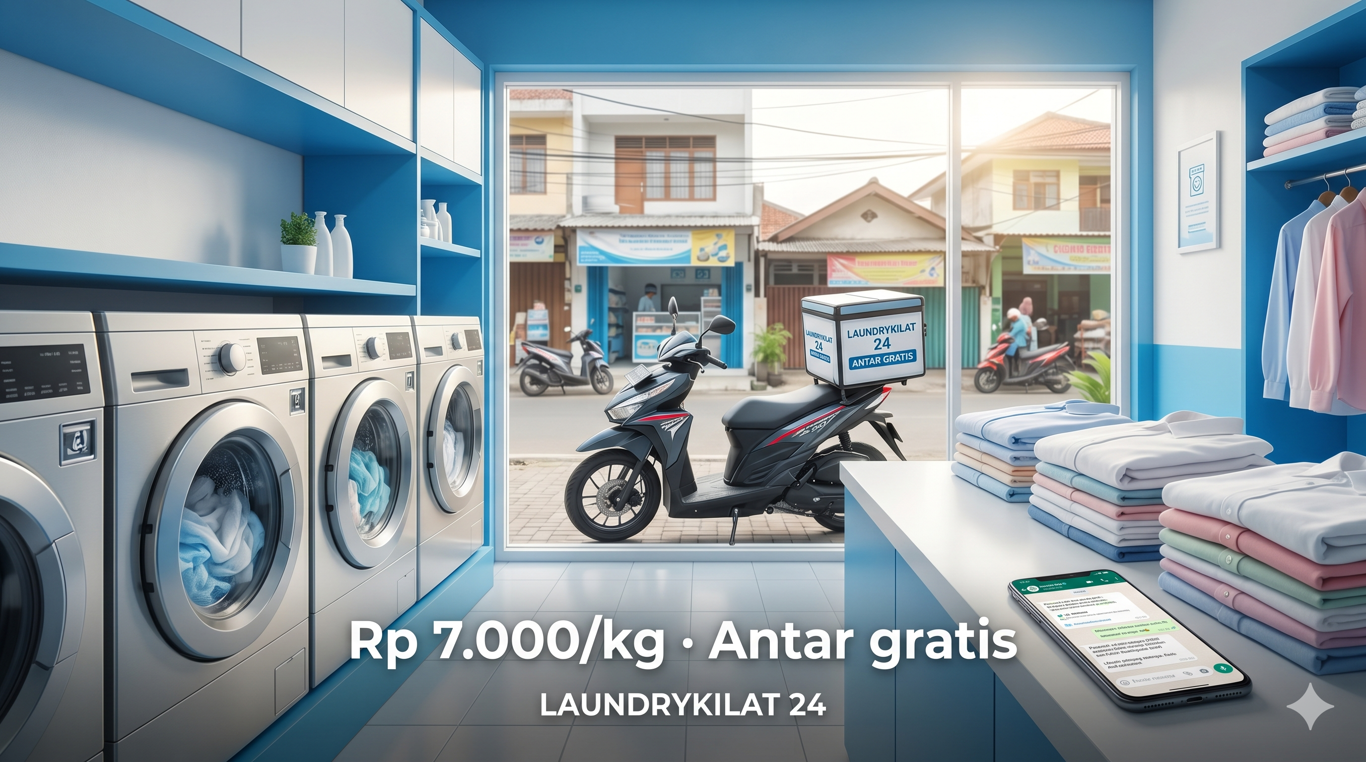 Washing machine with fresh clean laundry, delivery motorcycle, WhatsApp chat tracking, Depok Indonesia urban neighborhood background, bright cheerful photography