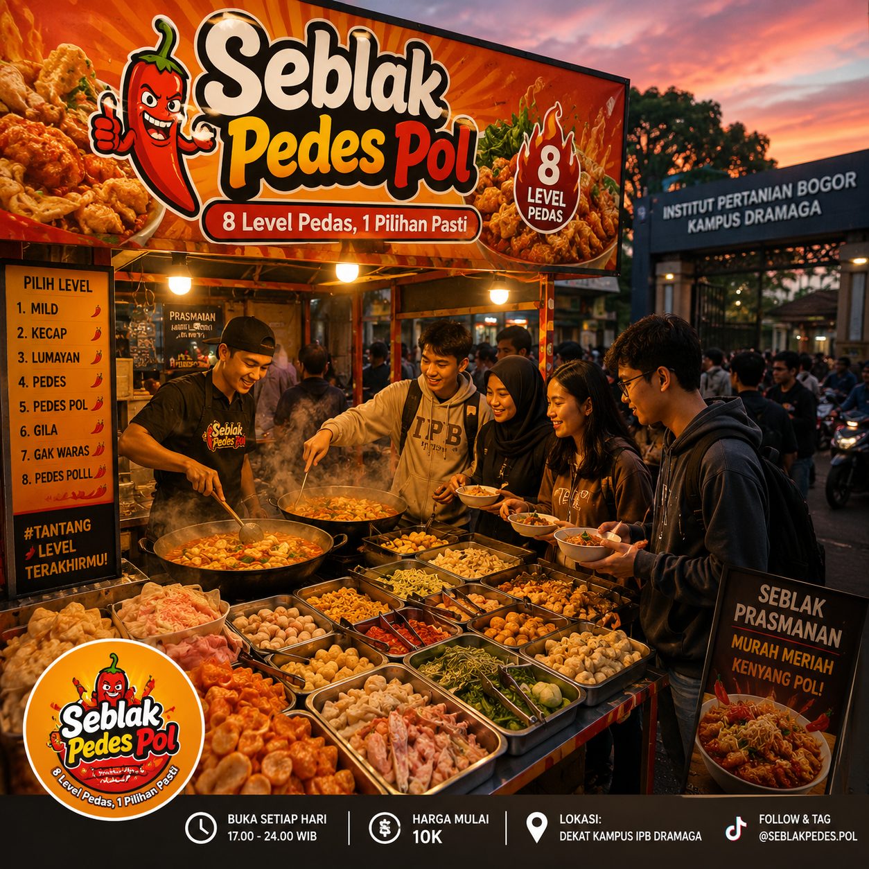 Seblak prasmanan street food stall, vibrant orange and red, steam rising from hot broth, colorful toppings display, young customers, TikTok aesthetic, bokeh background, food photography